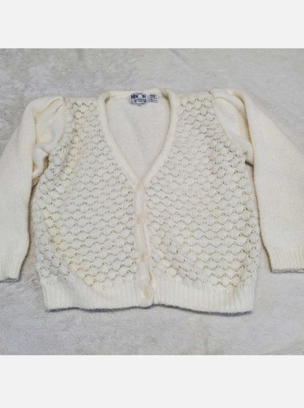 Vintage Ninon‎ Cream Knit Button Cropped Cardigan Large Boho Cozy Casual Chunky